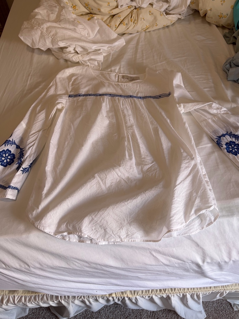 LOFT White Tunic Top with Blue Floral Embroidery